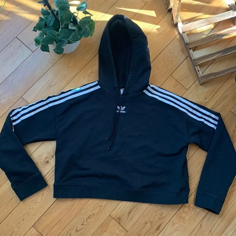 Adidas Crop Hooded Sweatshirt black with 3 stripes size small